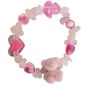 Hand Crafted Pink Quartz Acrylic Heart Pink Flocked Bear Bracelet